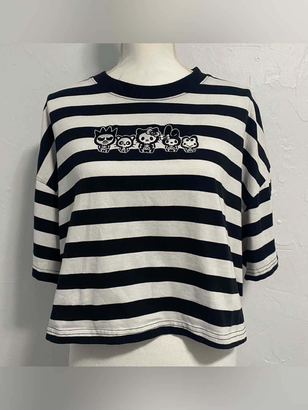 Hello Kitty Black & White Striped Crop Tee with Character Embroidery